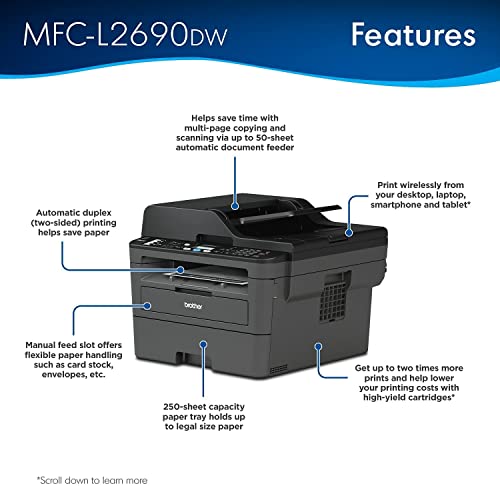 Brother Mfc L26 Series All-In-One Laser Printer, Print, Copy, Scan, Fax - 26 Ppm, 2400 X 600 Dpi, 250 Sheets, Wireless, Mobile Printing, Auto 2-Sided Printing, With Mtc Printer Cable #TOP2
