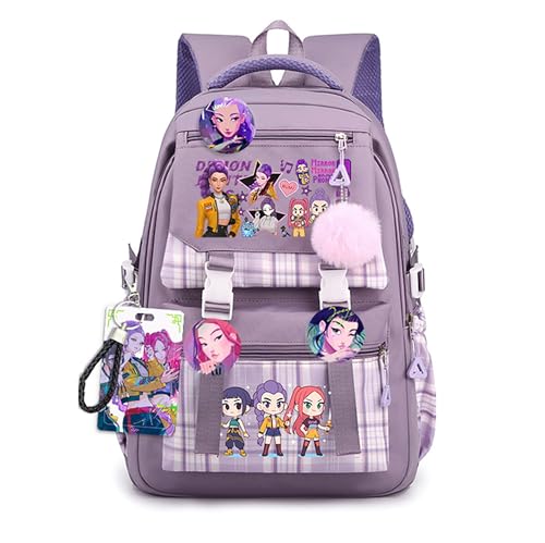Roffatide K POP Mochila nuevo semestre con accesorios de 6 piezas para niños niñas Dem0n H-Hunters Mochila para viajes escolares Morado