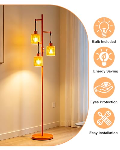 Image of Lightdot 67 inch 3-Light Glass Floor Lamp for Living Room, Dimmable with Orange Glass Shade & E12 Bulbs Included, Mid Century Standing Tall Lamp with 5Lbs Heavy Base for Bedroom /Sofa Beside /Corner