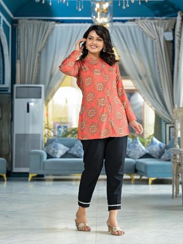 Image of Juniper Orange Ethnic Motif Printed Viscose Tunic with Buttons Detailing