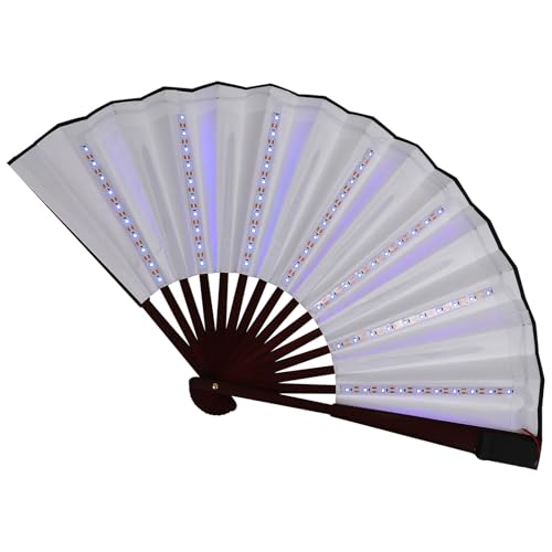 WATIIFUFU Abanico de Mano Plegable Luz LED Azul Abanico Grande de Madera para Fiestas Eventos y Raves Ventilador Luminoso para Baile y Disfraces