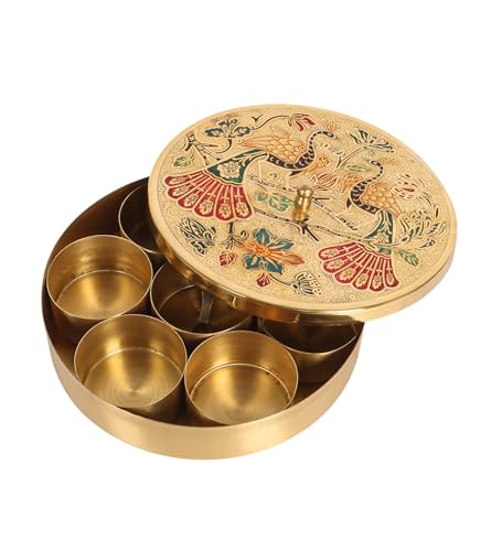 Image of Two Moustaches 8 Inches Twin Peacock Carved Brass Spices Box Set, Brass Masala Box for Kitchen, Housewarming Gifts, 7 Containers & 1 Spoon, Multicolored, Pack of 1