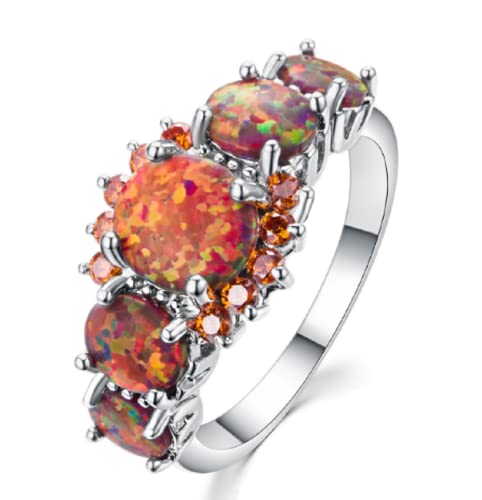 Awmnjtmgpw 925 Sterling Silver Diamond Ring Oval Cut Pomegranate Orange Natural Five Oval Rings Exquisite Women's Diamond Ring Proposal Wedding Engagement Diamond Ring Size (6-10) (Size 9)