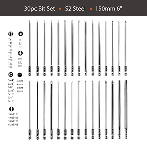 Dandeeler 30 Piece 6 Extra Long Security Bit Set Torx Hex Slotted Phillips Square Pozidriv, With Tool Bag 30Pc Extra Long 6Inch #TOP6