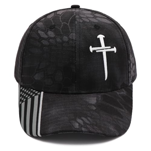 Jesus 3 Nail Cross Adjustable Baseball Cap with American Flag Hats for Men and Women Christian Gifts (US Alpha Medium Black Python)