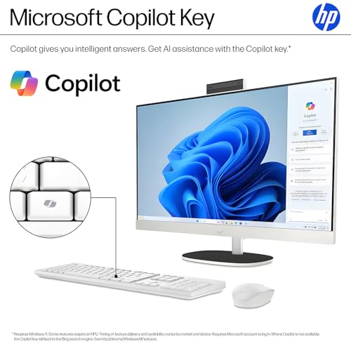Image of HP 27 inch FHD All-in-One Touchscreen Desktop Computer, AMD Ryzen AI 7 350, AMD Radeon 860M Graphics, Business Desktop, 64GB DDR5 RAM | 2TB SSD, WiFi 6, Copilot AI, Win11 Pro w /KB & Mouse - White