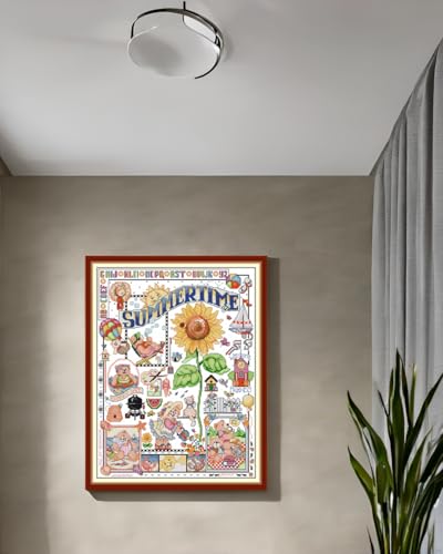 Image of CaptainCrafts New Cross Stitch Kits Embroidery Kit Full Range Pre-Printed and Counted Fabrics Kits for Adults Beginners Home Decor (Stamped 14CT, Summer time)