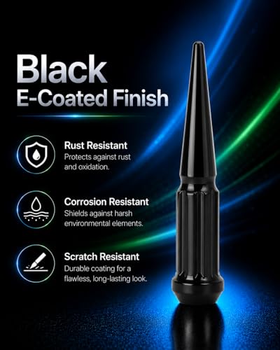 Image of M14x1.5 Spline Spike Lug Nuts, 24pcs Anti-Scratch Black E-Coated, 6-Lug | Alloy Steel Spiked Lugnuts, Fit Chevy Silverado GMC Sierra F150 Ram 1500, 4.4 inchHeight 14mmx1.5 Pointy Nut with 1 Socket Key