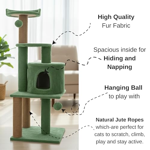 Image of Soft Fur Activity Scratching Post /Cat Tree for Kittens & Cats - Natural Sisal Rope Triple Platform Tower (Height 43 Inch) (FURR - 3FLORR - Green)