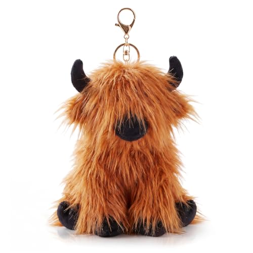Nosiny Highland Cow Keychain Plush Cow Gifts Brown Stuffed Animal Key Chain Cute Soft Collectible Keyring Birthday Gift for Women Western Backpack Bag Charms Handbag Pendant for Car Purse Keys