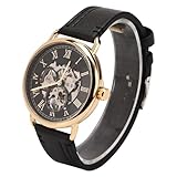 Orologio da Polso Meccanico da Uomo con Motivo Cavo, Cinturino in Pelle PU Impermeabile, Regalo Alla Moda per, 30 M - Superficie Bianca+cassa in Oro, 8,3 Pollici (Cassa in oro con scritte