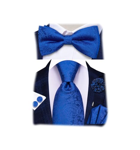 Image of Hi-Tie 5Pcs Mens Solid Color Silk Tie Satin Pretied Bowtie Lapel Pin for Men Handkerchief Cufflink Wedding Gift Box