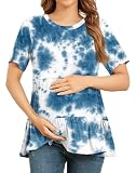 Xpenyo Maternity Women Short Sleeve Shirts Summer Casual Pregnancy Tiered Basic Tunic Top Tie Dye Blue M