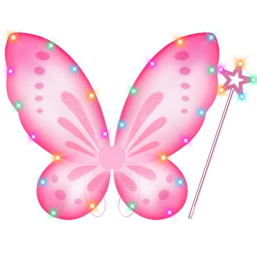 DUDUCOFU Girls Fairy Butterfly Wings with LED Light, Fairy Wings Light Up Star Wands for Girls Kids Women Halloween Dress Up (Pink)