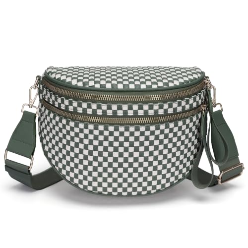 AMZFROG Checkered Woven Cross body Bum Bags for Women Trendy Casual Chest Bag Sling Bags Genuine Leather Fanny Packs Adjustable Strap Large Waist Bag for Outdoor Travel Green White