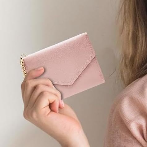 Small and Delicate PU Womens Wallet, Ladies Purse Zipper Button Design with Multiple Card Slots and Tassel Pendant for Shopping, Travel, Dating(Pink)