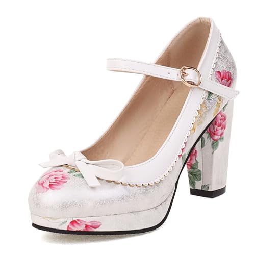 Image of FOREADA Lolita Bow Platform High Heel Women Rockabilly Mary Jane Dress Pump | Boasts soft kawaii retro vintage lolita tea party aesthetic, with block heel ,bow, round toe versatile style for dress wear
