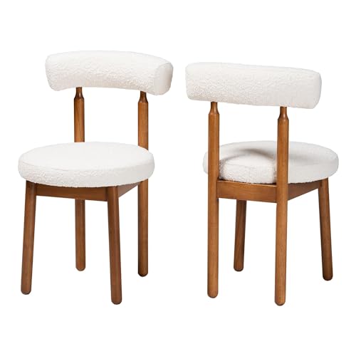 Baxton Studio Edric Boucle Fabric Dining Chairs, Set of 2, Cream/Walnut Brown