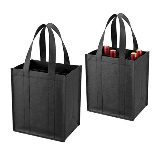 Image of Eldraqth 2 Pcs Bottle Bags for Wine x 6, Wine Carrier Bag 6 Bottles Black Bottle Holder Bag with Compartment Carry Handle Non-Woven Reusable for Storing Carrying Beer Champagne for Travel, Camping