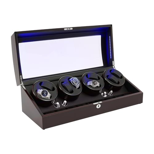 AOIDFOA Silent Automatic Watch Winder Display Case - 8 Winders & 9 Storage, Vintage Black Wood Box w/Quiet Motor(10dB), Blue Light, Auto-Stop (17 Watch Capacity)