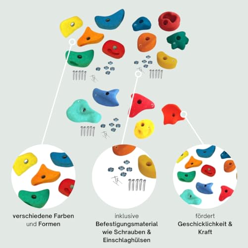 Foto von h2i Klettergriffe Kinder & Erwachsene | Klettersteine inkl. Befestigungsmaterial | Bunte Bouldergriffe für Spielturm & Kletterwand | Kletterwand Griffe für Indoor & Outdoor | 3 x 5 Stück (Mix)