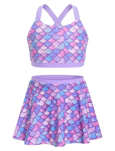 JiAmy Traje de baño tankini de dos piezas para niñas, traje de baño teñido anudado con espalda cruzada con falda para niños pequeños, Balanza de sirena morada, 9-10 años
