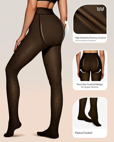 Image of OEAK Womens Fleece Lined Tights Fake Translucent Pantyhose Thermal Opaque High Waisted Winter Legging Footed Sheer Tights 300g Fake Translucent Black Dots S /M