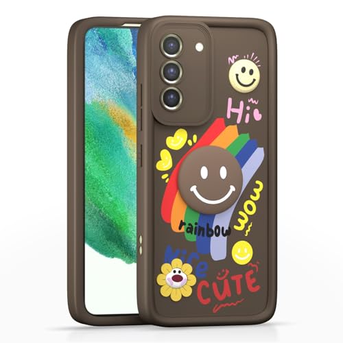 Image of Pikkme Back Cover for Samsung Galaxy S21 Fe 5G | Soft Silicone| Cute Rainbow Smile & 3D Cartoon Flower Design | Shockproof Raised Camera Protection Bumper Case (Brown)