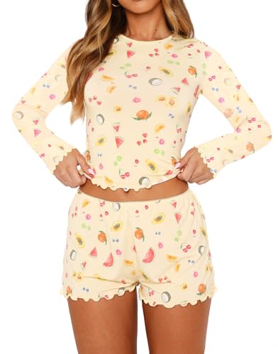 Image of Lacozy Cute Pajama Sets for Women 2 Piece Floral Print Fall Pj Set Woman Long Sleeve Crop Top and Short Y2K Sleep Set