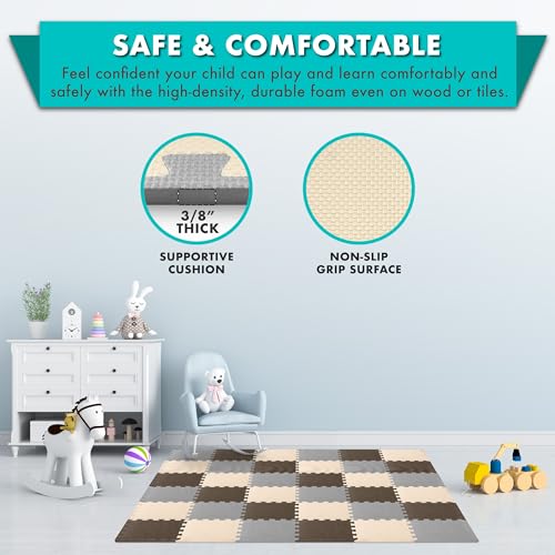Image of ProSource Baby Play Mat, Soft Foam Floor Tiles for Kids, Interlocking EVA Panels for Playpen Use, Crawling Development Surface, Safe Non-Toxic Toddler Flooring, 36 Tiles, Brown /Beige /Gray
