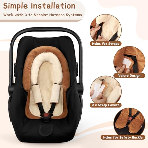 Image of Baby Car Seat Head Body Support & Strap Covers, 2 in 1 Infant Car Seat Insert, Reversible Soft Breathable Newborn Cushion Pads for Preemie, Perfect for Baby Carseats, Strollers, Swings (Brown)