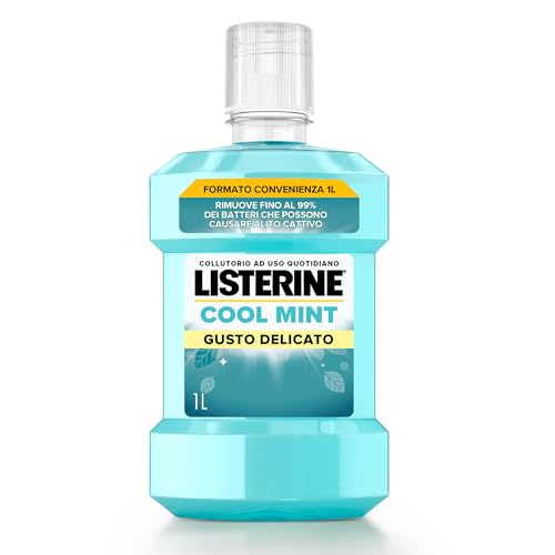 LISTERINE Cool Mint, Collutorio 0% alcol al gusto Menta a base di Oli Essenziali Antibatterici di Menta, Timo, Betulla, Collutorio Listerine senza alcool per un'igiene orale completa, 1 L