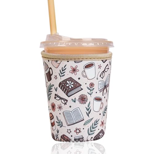 Image of Reusable Insulated Sleeve for Iced Coffee Cup, Coffee Neoprene Sleeve for Cold & Hot Drinks, Beverage Holder for Iced Coffee (Cafe Books, Small: 16-18oz)