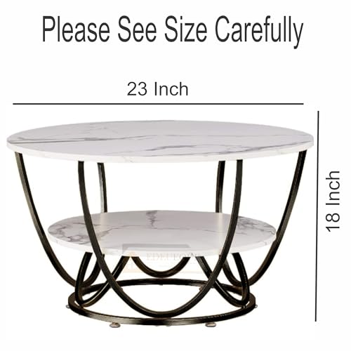 Image of Round Coffee Tables Accent Center Table Sofa Side Tea Table with 2-Tier Storage for Living Room Office Desk Balcony Wood Desktop and Metal Legs (Black and White)