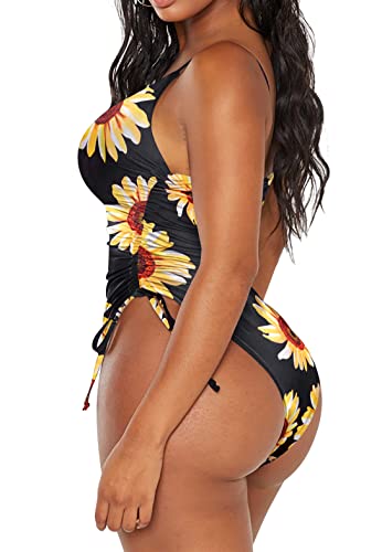 Aolro Tummy Control Swimwear Halter One Piece Slimming Vintage Retro Swimsuit Womens Push Up Bathing Suit Sunflower #TOP1