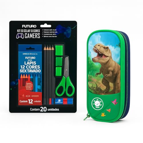 Kit Escolar Infantil com Estojo 3D Dinossauro Verde, 20 Peças, Tesoura, Cola, Lápis, Material Escolar Completo para Crianças