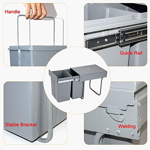 Nisorpa 20L+20L Pull Out Kitchen Bin Recycling Kitchen Cupboard Cabinet Trash Can Waste Containers Close Dustbin with Two Independent Compartments for Rubbish Garbage Sorting 480x342x418mm Gray