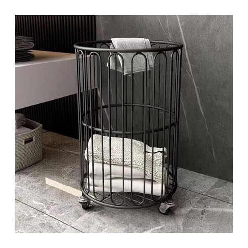 Panier à linge à roulettes métal noir corbeille linge sale ronde meuble rangement salle de bain