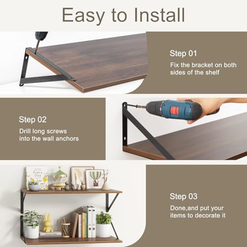 Image of Floating Wall Shelves, Set of 2, Rustic Brown Engineered Wood with Metal Brackets, 14x8 Inch, for Living Room, Kitchen Storage and Decor