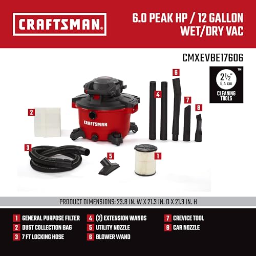 CRAFTSMAN CMXEVBE17606 12 Gallon 6.0 Peak HP Wet Dry Vac with Detachable Leaf Blower, Portable Shop Vacuum Wet and Dry with Filter, Dust Bag, Hose and Attachments for Garage, Outdoor Cleaning - Image 3