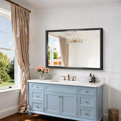 Image of Bathroom Mirror, 42 x 30 Inch Brushed Black Rectangle Mirror, 0.6 inch Thickened Deep Frame Vanity Mirrors for Bathroom Sink, Shatterproof Tempered Glass, Antirust, Horizontally or Vertically