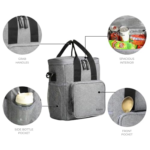 Image of Aliens Thermal Insulated Lunch Bag with Handle & Adjustable Shoulder Strap, Large Capacity Meal Bag /Tiffin Bag /Lunch Holder /Meal Container Picnic Bag for Food Storage, Office, Travelling, Picnic-Gry