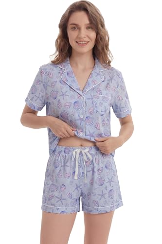 Image of LUBOT 100% Cotton Pajamas for Women 2 Piece PJ Set Poplin Woven Lightweight Ladies Button Short Sleeve Sleepwear S-XXL
