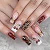 Medium Square Press on Nails Brown Leopard Print and Red Fake Nails 3D Cherry Artificial Nail Party Acrylic Stick on Nail for Women 24pcs