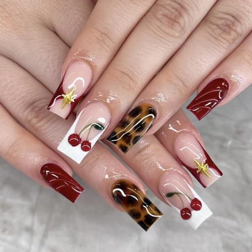 Medium Square Press on Nails Brown Leopard Print and Red Fake Nails 3D Cherry Artificial Nail Party Acrylic Stick on Nail for Women 24pcs