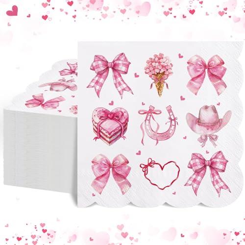 NatNarr 100 Pcs Valentines Napkins, Scalloped Lucky in Love Napkins Cute Cowgirl Bachelorette Decorations Disposable Valentines Day Dessert Party Napkin for Galentines, Bachelorette, Western Birthday