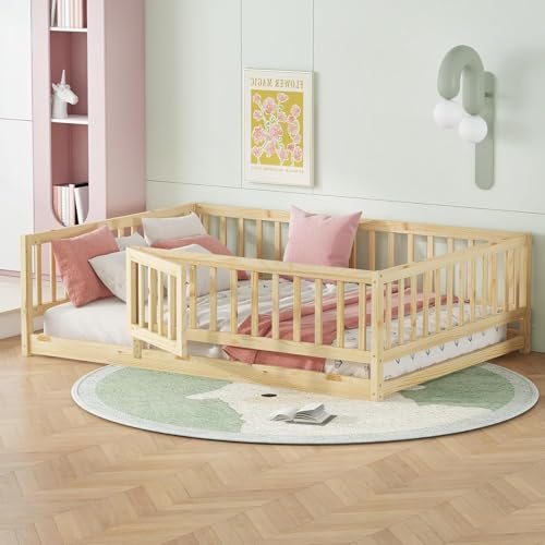 Image of Bellemave Full Size Kids Montessori Floor Bed with Door,Solid Wood Floor Bed Frame with Slats and High Fence for Kids,Girls,Boys,Natural