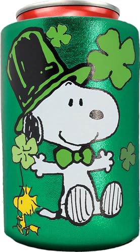 Spoontiques - Neoprene Can Cooler - Durable Insulated Neoprene Holder for Cans or Bottles - Metallic Finish with Glitter Accents - Perfect for Parties or Gifts - Peanuts St. Patrick's Day Can Cooler