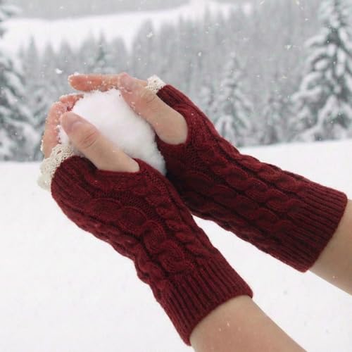 Image of Kraptick Women's Cable Knit Fingerless Gloves - Winter Arm Warmers with Elegant Lace Trim & Thumb Hole - Soft Woolen Thermal Half Finger Mittens for Typing, Driving & Office Work (Free Size, khaki)-1