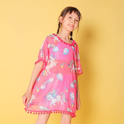 Unicorn Girls Swim Cover Up Beach Summer Swimwear Cover Ups Quick Dry Swimsuit Wraps With Cute Pom Pom Trim Rose Red 3-4 Years #TOP1